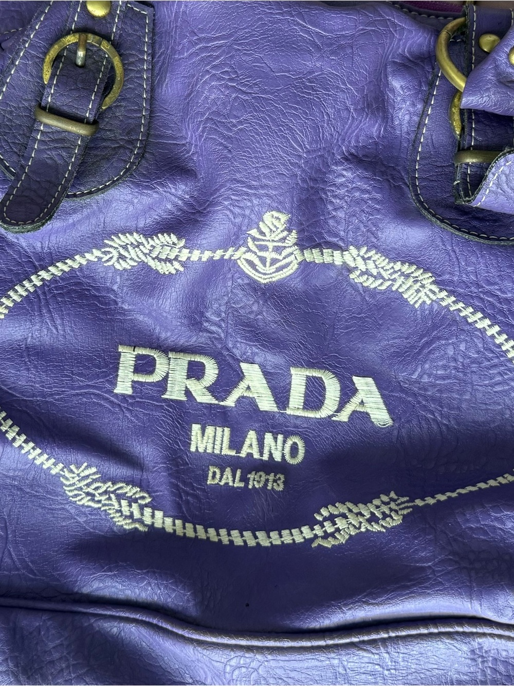 Prada Purple Leather Shoulder Bag with White Embroidered Logo